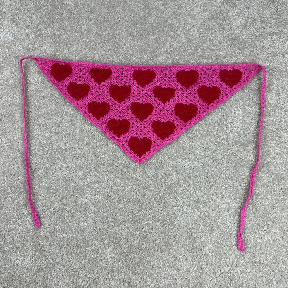 Crochet Heart Bandana Hair Scarf Pink Red Boho Coquette Cottagecore